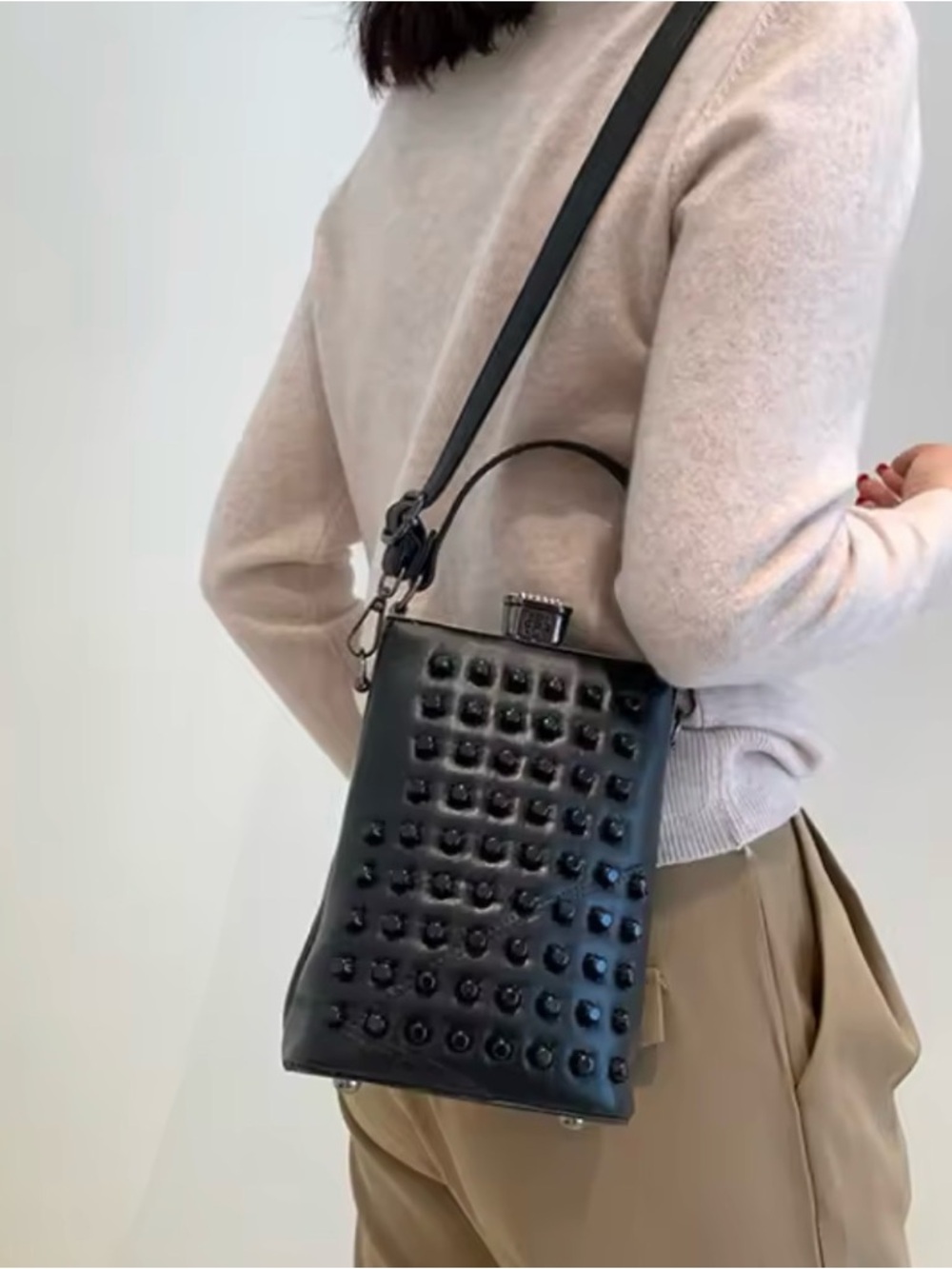 Vintage Black Studded Leather Crossbody Bag